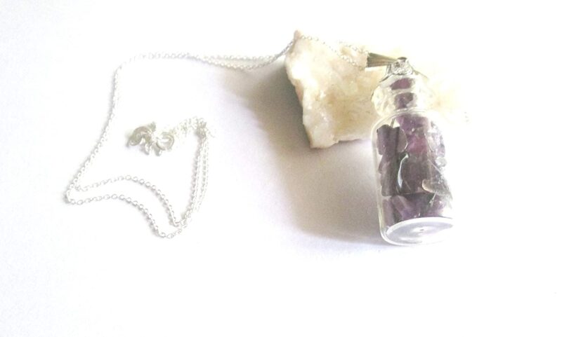 Amethyst Crystal Wish Bottle Pendant Necklace | Amethyst Chips in Glass Wish Bottle| 18"- Silver Plated Chain | Gifts for Her - Image 9