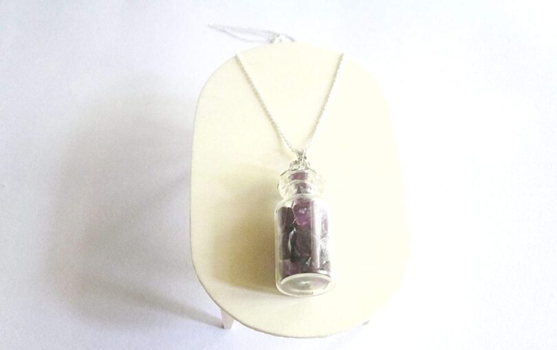 Amethyst Crystal Wish Bottle Pendant Necklace | Amethyst Chips in Glass Wish Bottle| 18"- Silver Plated Chain | Gifts for Her - Image 2