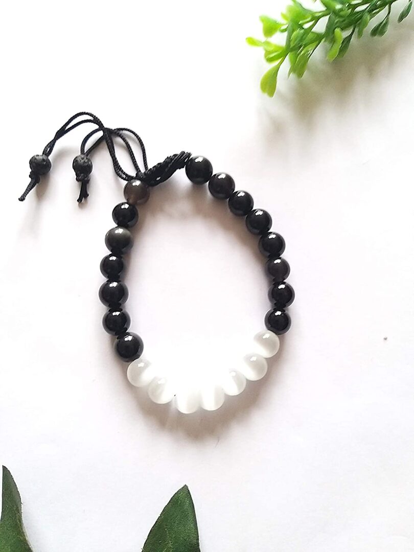 Selenite & Black Onyx Crystal Bracelet | Natural Crystal Gemstone Bracelet | Healing Stone | Meditation | Gift Crystal Bracelet | Gift for Her