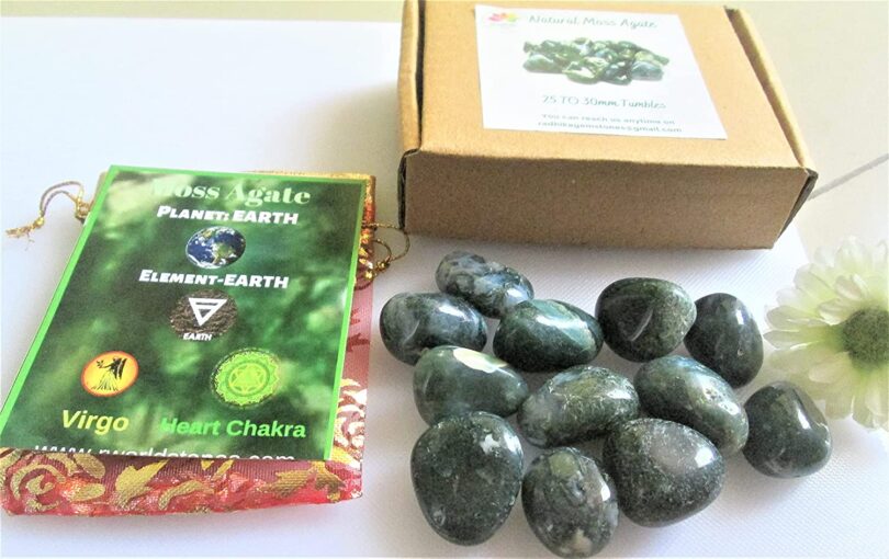 Moss Agate Pack of 10 AAA Quality Tumbled Stones | 25 TO 30mm Tumbled Stones | Healing Stones | Moss Agate Tumbles & Info Card in Gift Pack