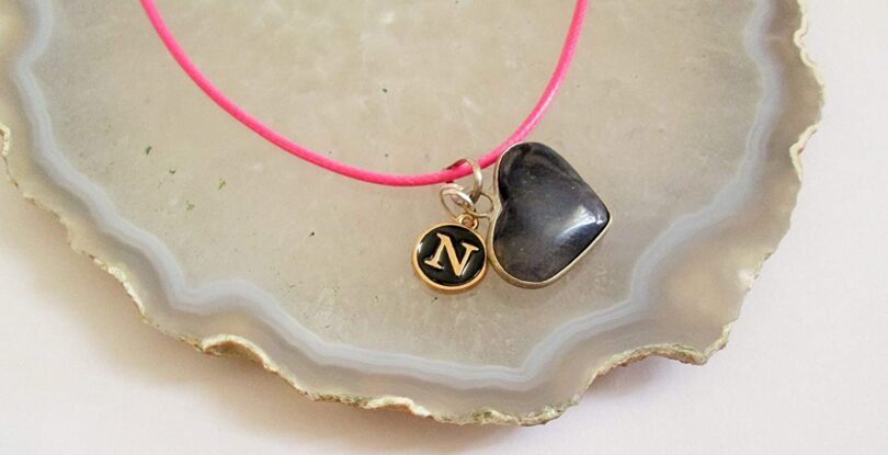 Personalised Letter - N - with Black Onyx Pendant | Stunning Natural Stone Necklace | Crystal Pendant with Inital -18"- Waxed Cord Necklace | Gift for Her