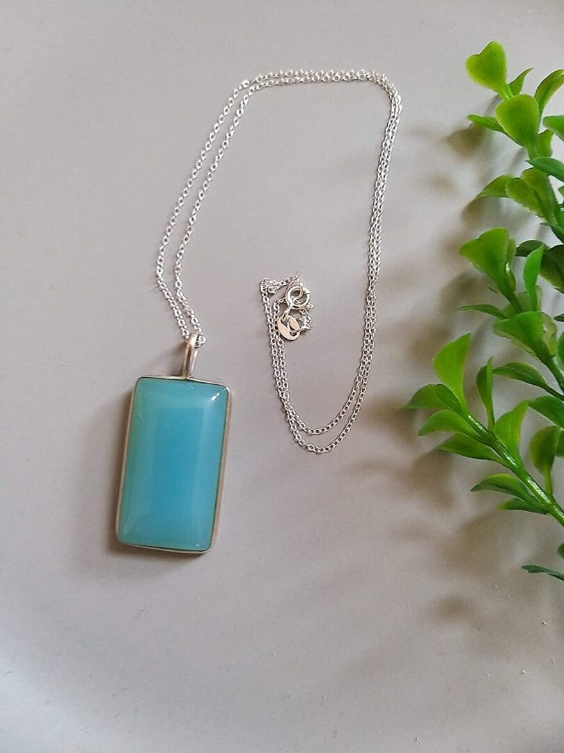 Aqua Blue Chalcedony 925-Silver Pendant Necklace | 925- Silver Chain-16'' | Chalcedony 925-Silver Pendant | Geniune 925 Sterling Silver chain | Gift for Her - Image 3