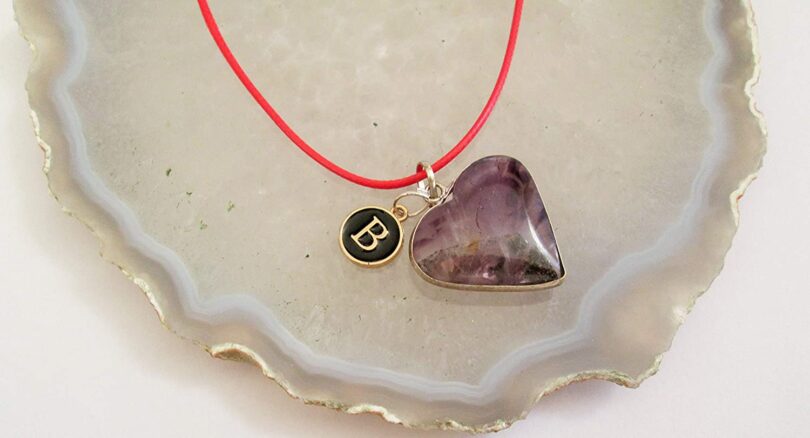 Personalised Letter - B - with Natural Amethyst Pendant | Stunning Natural Stone Necklace | Crystal Pendant with Inital -18"- Waxed Cord Necklace | Gift for Her