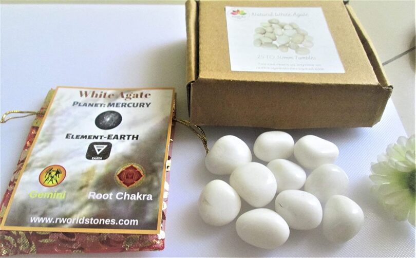 White Agate Pack of 10 AAA Quality Tumbled Stones | 25 TO 30mm Tumbled Stones | Healing Stones| White Agate Tumbles & Info Card in Gift Pack