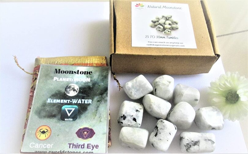 Moonstone Pack of 10 AAA Quality Tumbles | 25 TO 30mm Tumbled Stones |Healing Stones | Moonstone Tumbles & Info Card in Gift Pack