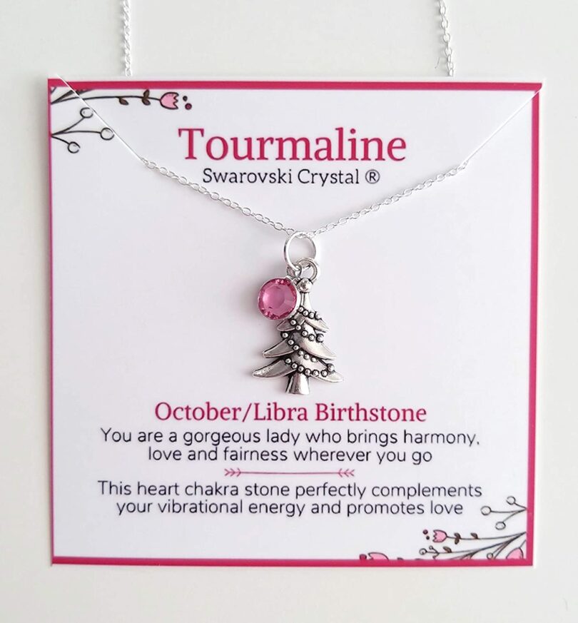 October-Libra Birthstone Charm Silver Necklace| Pink Turmouline Silver Necklace Christmas Gift | Geniune 925 Sterling Silver |Gifts for her