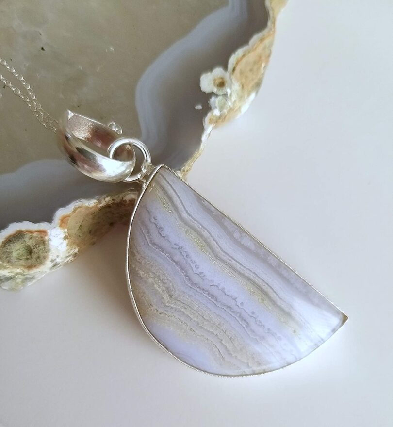 Blue Lace Agate Pendant Necklace | Natural Gemstone Pendant -18"- Chain Necklace | Geniune Blue Lace Agate Crystal GS Pendant | Gift Packing - Image 2