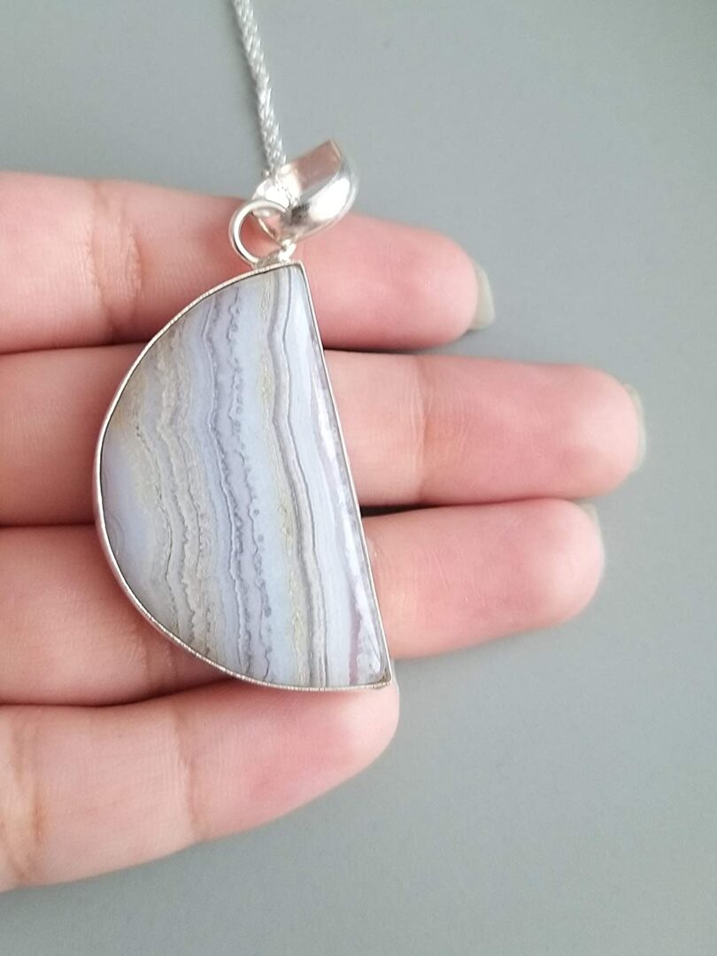 Blue Lace Agate Pendant Necklace | Natural Gemstone Pendant -18"- Chain Necklace | Geniune Blue Lace Agate Crystal GS Pendant | Gift Packing