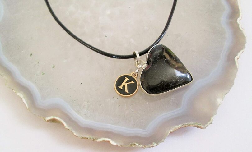 Personalised Letter - K - with Black Onyx Pendant | Stunning Natural Stone Necklace | Crystal Pendant with Inital -18"- Waxed Cord Necklace | Gift for Her