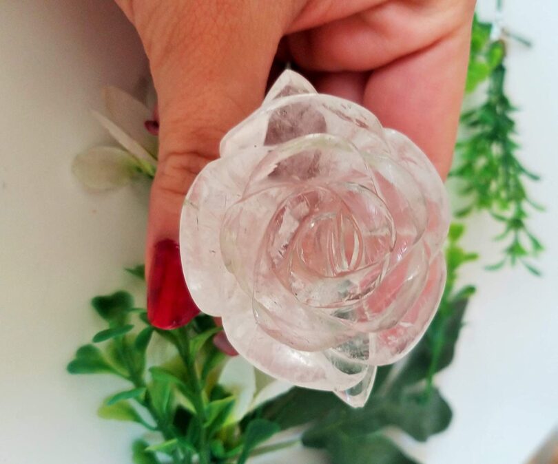 Genuine Clear quartz Flower Carving | 50mm Rose Shaped Handmade Crystal | Decor Showpiece | Repel Negativity Crystal | Gift Crystal Carving