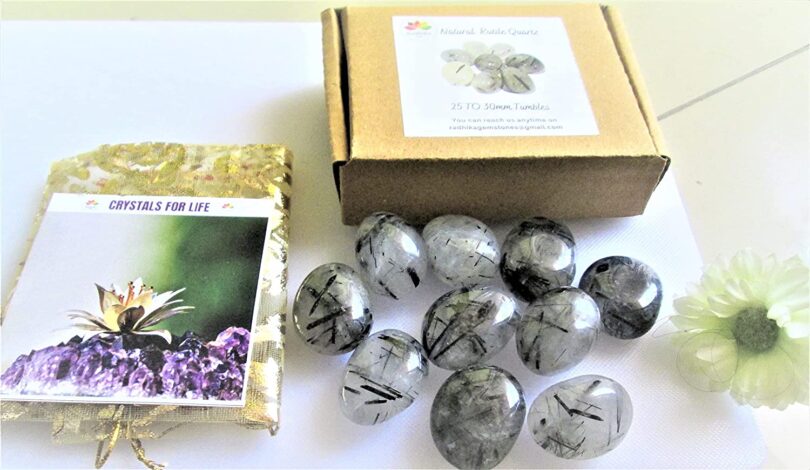 Rutile Quartz Pack of 10 AAA Quality Tumbles | 25 TO 30mm Tumbled Stones | Healing Stones | Rutile Quartz Tumbles & Info Card in Gift Pack