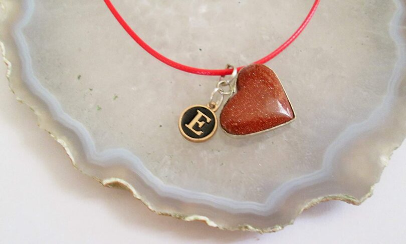 Personalised Letter - E - with Goldstone Red Pendant | Stunning Natural Stone Necklace | Crystal Pendant with Inital -18"- Waxed Cord Necklace | Gift for Her