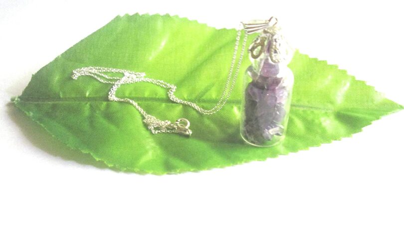 Amethyst Crystal Wish Bottle Pendant Necklace | Amethyst Chips in Glass Wish Bottle| 18"- Silver Plated Chain | Gifts for Her - Image 4