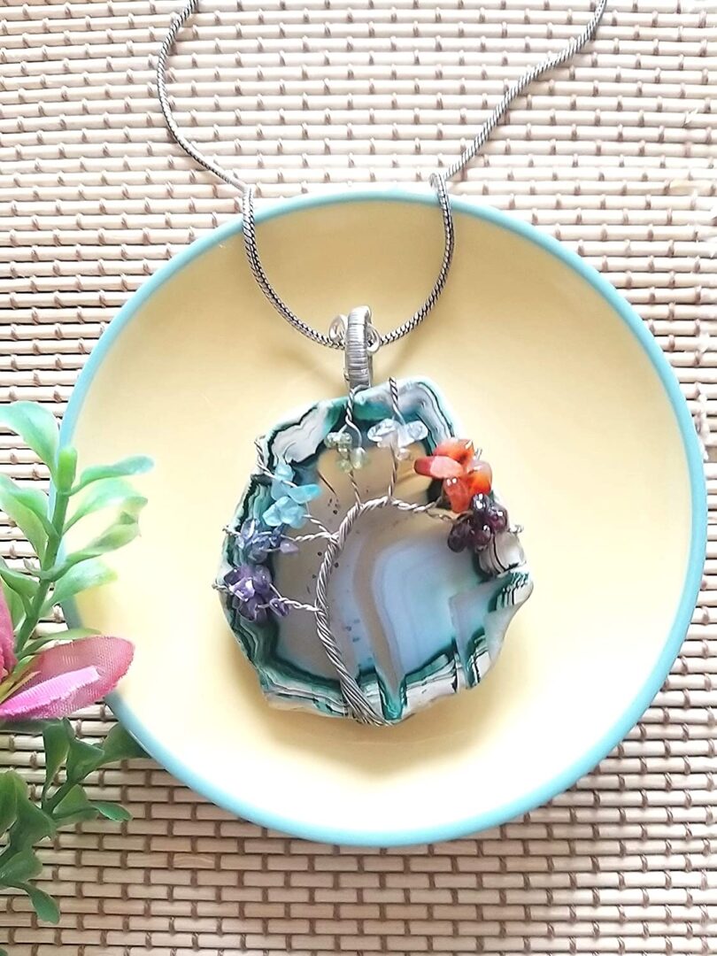 Tree of Life Agate Slice Necklace | Natural 7 Chakra Crystal Tree of Life | Agate Slice Crystal Energy Necklace | Healing Crystals | Meditation | Gift 7 Chakra Tree of Life Necklace - Image 2