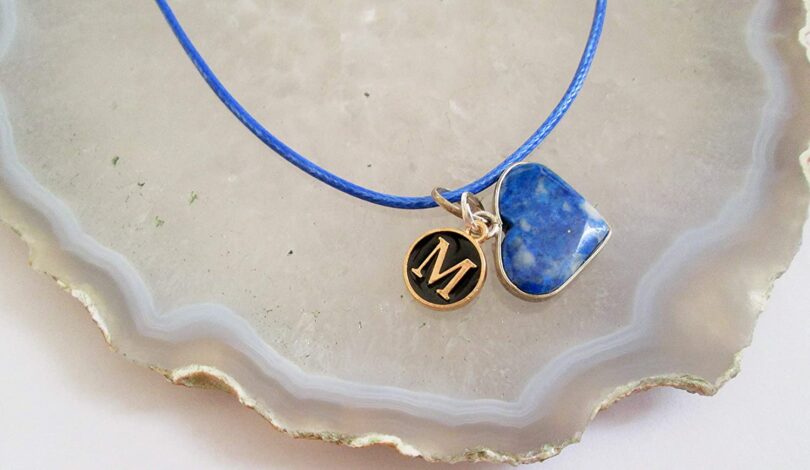 Personalised Letter - M - with Lapis Lazuli Pendant | Stunning Natural Stone Necklace | Crystal Pendant with Inital -18"- Waxed Cord Necklace | Gift for Her