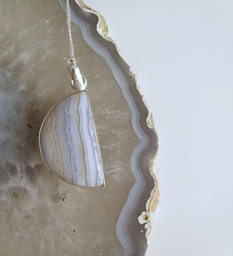 Blue Lace Agate Pendant Necklace | Natural Gemstone Pendant -18"- Chain Necklace | Geniune Blue Lace Agate Crystal GS Pendant | Gift Packing - Image 5