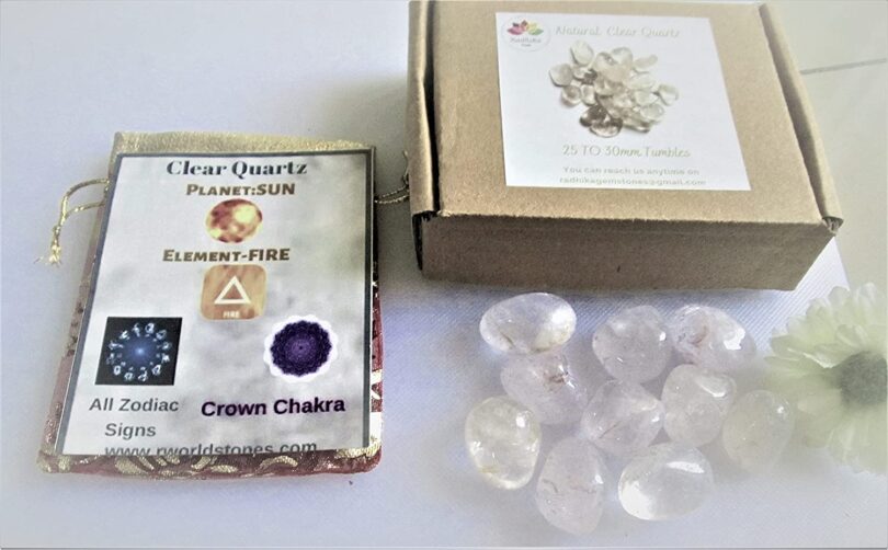 Clear Quartz Pack of 10 AAA Quality Tumbled Stones | 25 TO 30mm Tumbled Stones | Healing Stones | Clear Quartz Tumbles & Info Card in Gift Pack