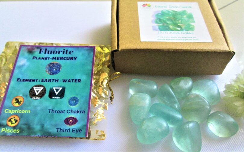 Fluorite Pack of 10 AAA Quality Tumbled Stones | 25 TO 30mm Tumbled Stones | Healing Stones | Green Fluorite Tumbles & Info Card in Gift Pack