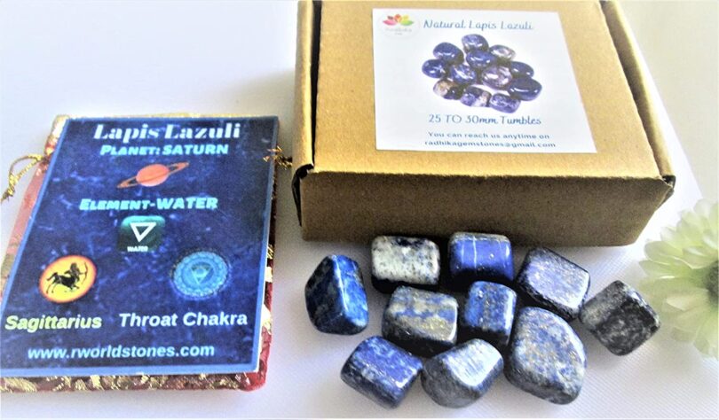 Lapis Lazuli Pack of 10 AAA Quality Tumbled Stones | 25 TO 30mm Tumbled Stones | Healing Stones |Lapis Lazuli Tumbles & Info Card in Gift Pack