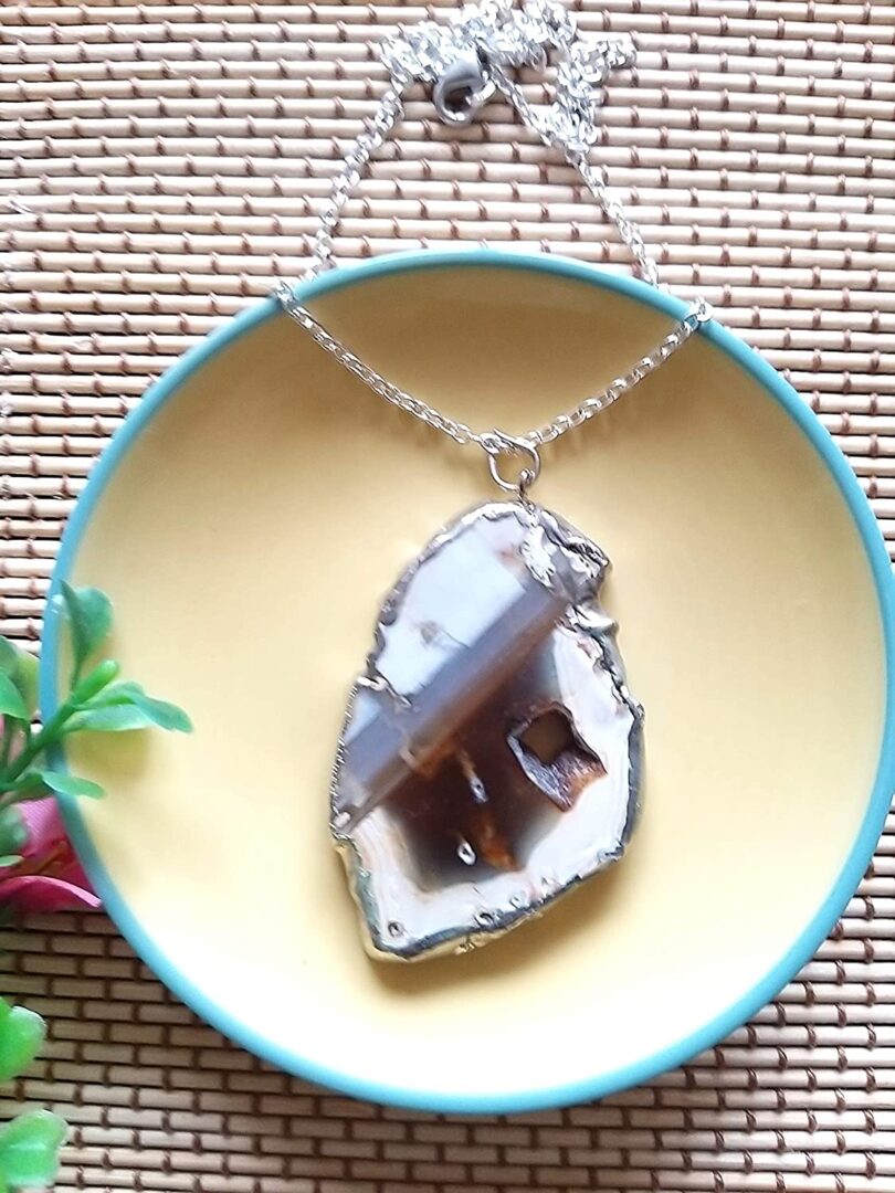 Laguna Agate Slice Pendant Necklace | Agate Natural Gemstone Necklace | Laguna Agate Crystal Energy | Gift Crystal Energy Necklace | Gift for Her