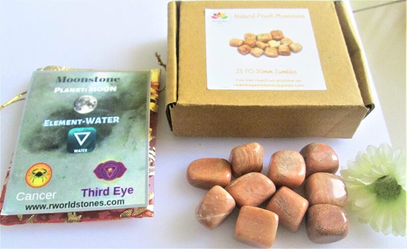 Peach Moonstone Pack of 10 AAA Quality Tumbles | 25 TO 30mm Tumbled Stones |Healing Stones |Peach Moonstone Tumbles & Info Card in Gift Pack