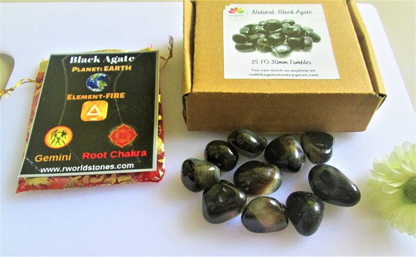 Black Agate Pack of 10 AAA Quality Tumbled Stones | 25 TO 30mm Tumbled Stones | Healing Stones |Black Agate Tumbles & Info Card in Gift Pack