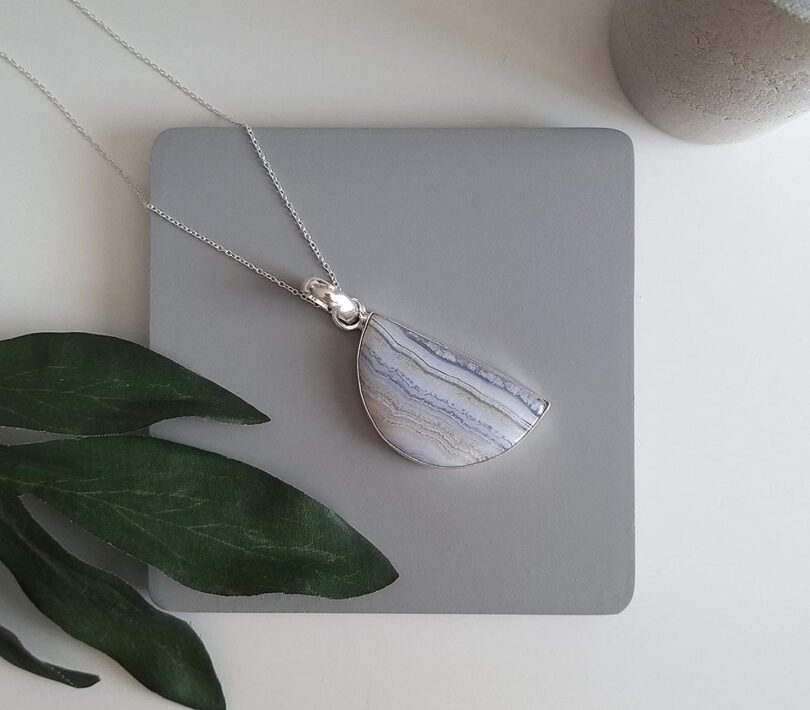 Blue Lace Agate Pendant Necklace | Natural Gemstone Pendant -18"- Chain Necklace | Geniune Blue Lace Agate Crystal GS Pendant | Gift Packing - Image 4