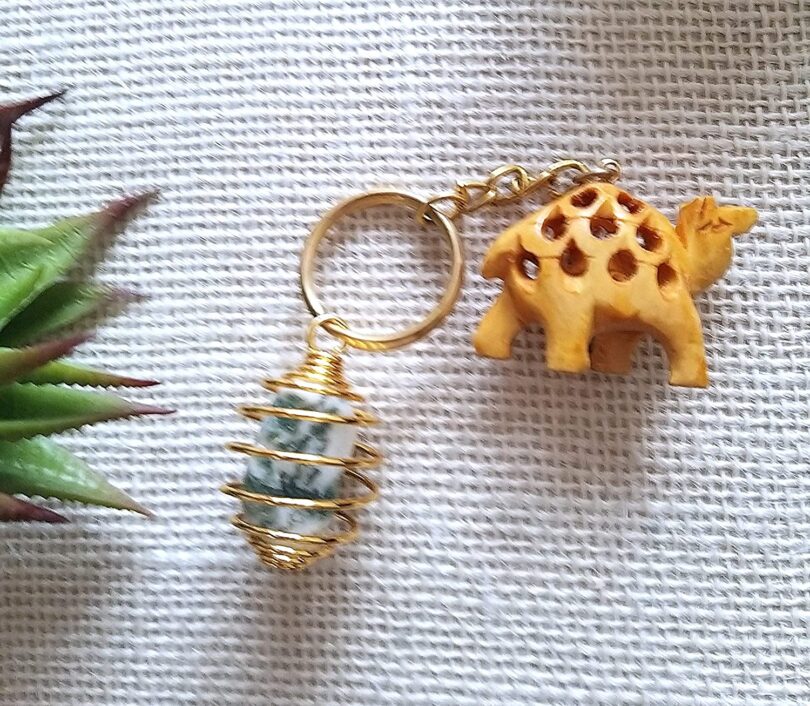 Moss Agate Crystal Keyring | Natural Moss Agate | Crystal Gemstone Keyring | Handmade Wooden Elephant Keyring| Gift Crystal & Wood Keyring - Image 2