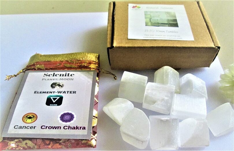 Selenite Pack of 10 AAA Quality Tumbled Stones | 25 TO 30mm Tumbled Stones| Healing Stones | Selenite Tumbles & Info Card in Gift Pack