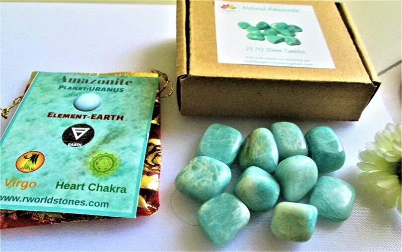 Amazonite Pack of 10 AAA Quality Tumbled Stones | 25 TO 30mm Tumbled Stones | Healing Stones | Amazonite Tumbles & Info Card in Gift Pack