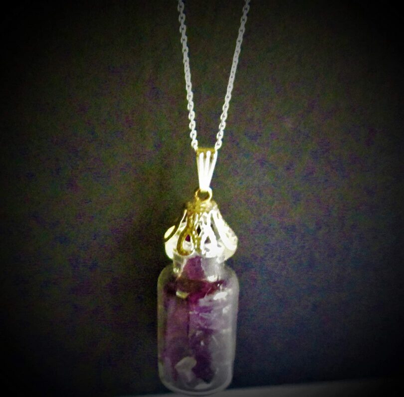 Amethyst Crystal Wish Bottle Pendant Necklace | Amethyst Chips in Glass Wish Bottle| 18"- Silver Plated Chain | Gifts for Her