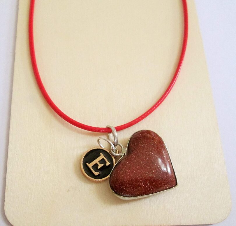 Personalised Letter - E - with Goldstone Red Pendant | Stunning Natural Stone Necklace | Crystal Pendant with Inital -18"- Waxed Cord Necklace | Gift for Her - Image 2