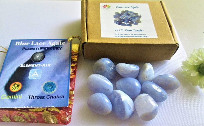 Blue Lace Agate Tumbles Pack of 10 AAA Quality | 25 TO 30mm Tumbled Stones | Healing Stones | Blue Lace Agate Tumbles & Info Card in Gift Pack