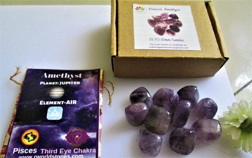 Amethyst Pack of 10 AAA Quality Tumbled Stones | 25 TO 30mm Tumbled Stones |Healing Stones | Amethyst Tumbles & Info Card in Gift Pack