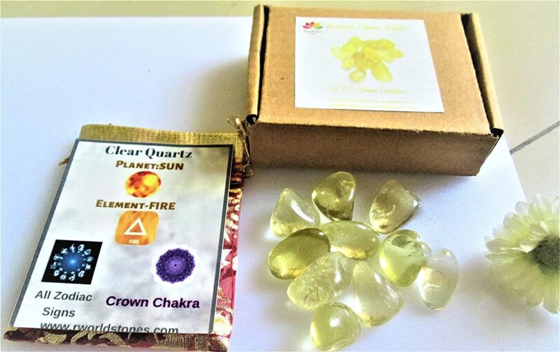 Lemon Quartz Pack of 10 AAA Quality Tumbled Stones | 25 TO 30mm Tumbled Stones | Healing Stones | Lemon Quartz Tumbles & Info Card in Gift Pack