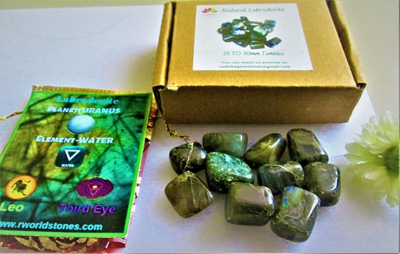 Labradorite Pack of 10 AAA Quality Tumbled Stones | 25 TO 30mm Tumbled Stones |Healing Stones | Labradorite Tumbles & Info Card in Gift Pack