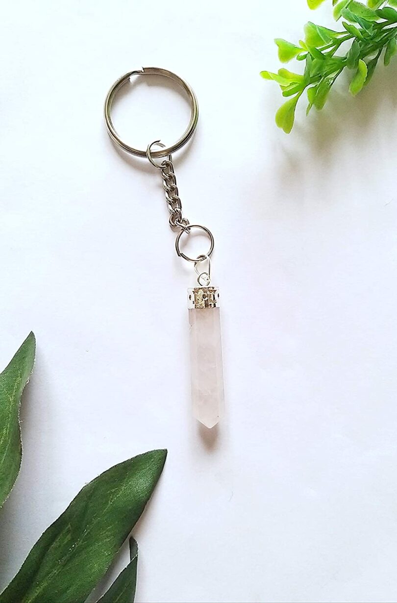 Rose Quartz Crystal Point Keyring | Natural Rose Quartz Keyring | Healing Stone | Meditation | Gift Rose Quartz Crystal Keyring