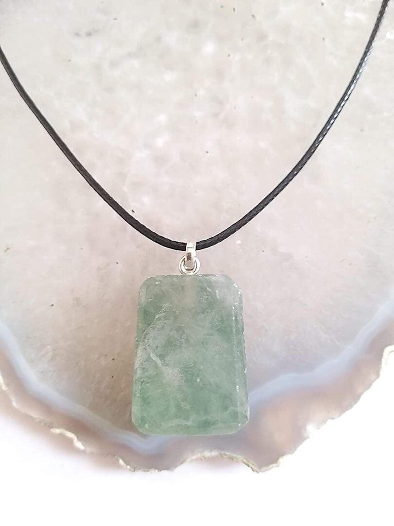 Green Fluoriet Pendant Necklace | Stunning 925-Silver Pendant | Adjustable Waxed Cord -18'' | Natural Healing Stone Pendant | Gift for Her