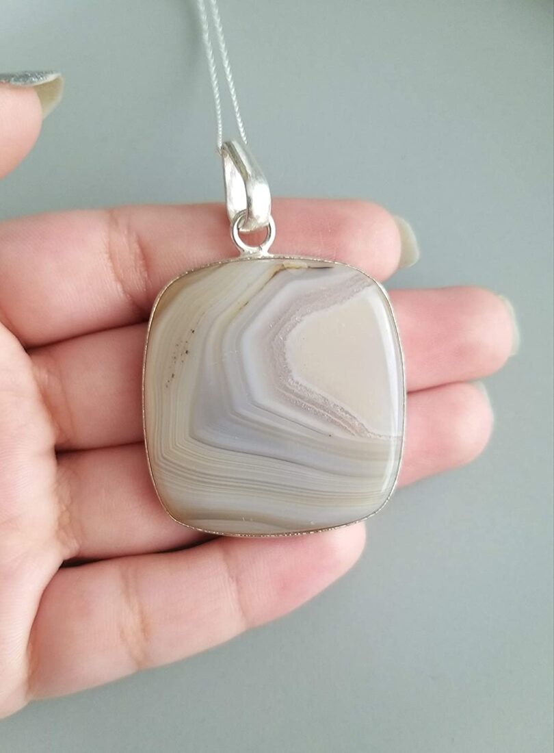 Blue Lace Agate Pendant Necklace | Natural Gemstone Pendant -18"- Chain Necklace | Geniune Blue Lace Agate Crystal GS Pendant | Gift Packing