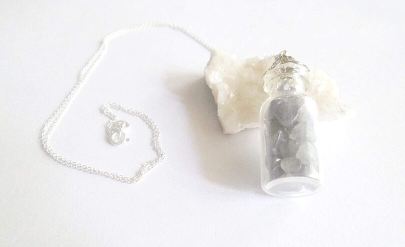 Iolite Crystal Wish Bottle Pendant Necklace | Iolite Chips in Glass Wish Bottle| 18"- Silver Plated Chain | Gifts for Her - Image 2