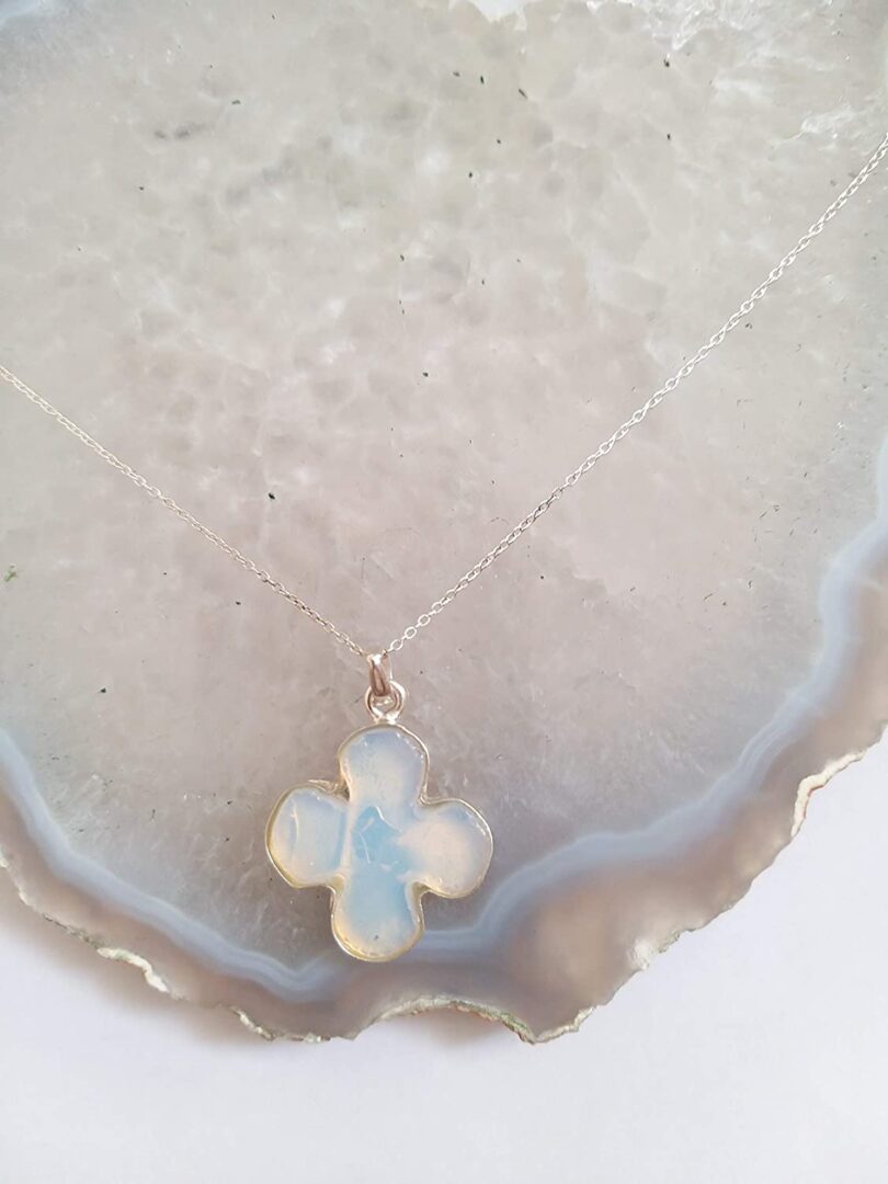 Opalite 925-Silver Pendant Necklace | 925- Silver Chain-16'' | Opalite 925-Silver Flower Pendant | Geniune 925 Sterling Silver chain | Gift for Her