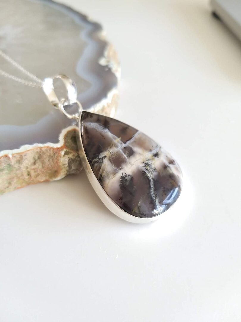 Dendritic Opal Pendant Necklace | Natural Gemstone Pendant -18"- Chain Necklace | Geniune Dendritic Opal Crystal GS Pendant | Gift Packing