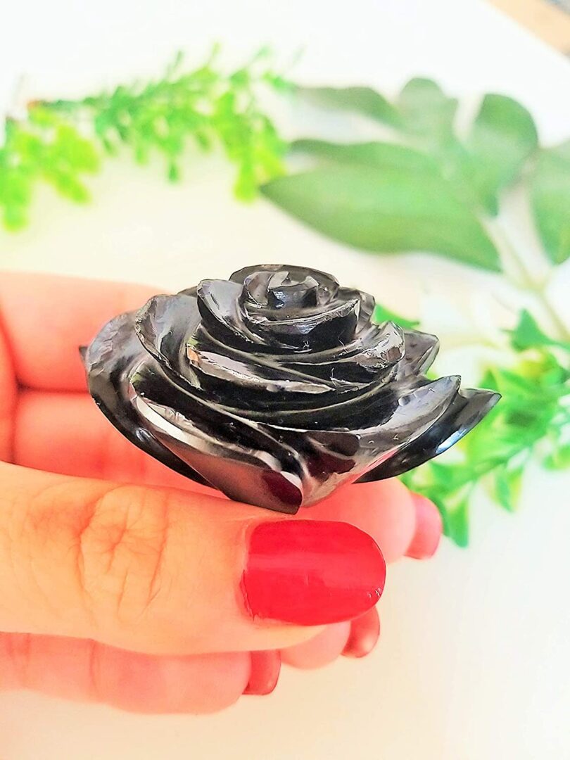 Genuine Black Onyx Flower Carving | 50mm Rose Shaped Handmade Crystal | Decor Showpiece | Repel Negativity Crystal | Gift Crystal Carving