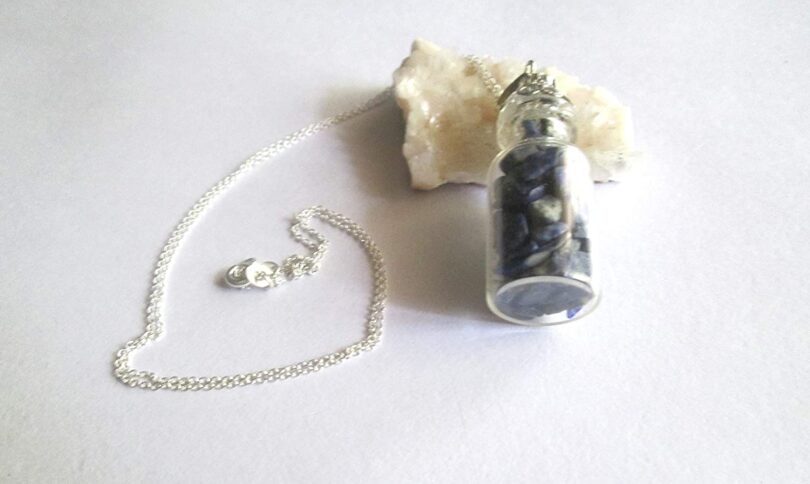 Lapis Lazuli Crystal Wish Bottle Pendant Necklace | Lapis Lazuli Chips in Glass Wish Bottle| 18"- Silver Plated Chain | Gifts for Her - Image 2