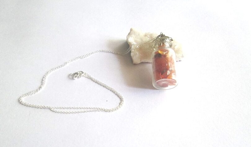 Carnelian Crystal Wish Bottle Pendant Necklace | Carnelian Chips in Glass Wish Bottle| 18"- Silver Plated Chain | Gifts for Her - Image 2