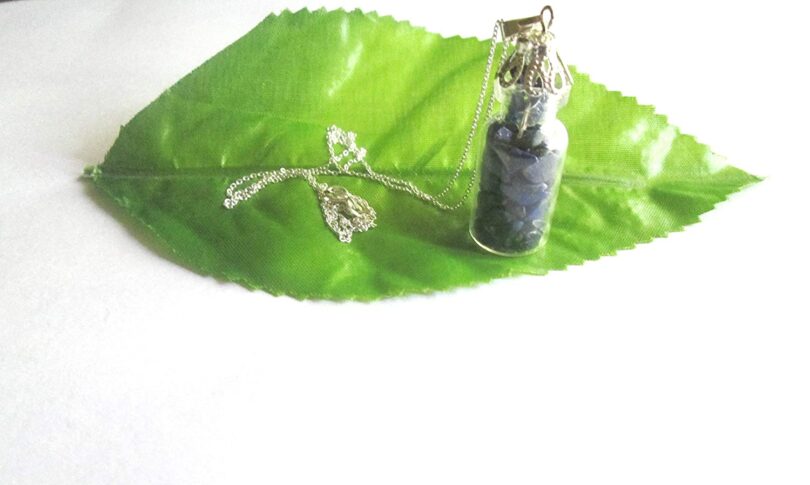 Lapis Lazuli Crystal Wish Bottle Pendant Necklace | Lapis Lazuli Chips in Glass Wish Bottle| 18"- Silver Plated Chain | Gifts for Her - Image 3