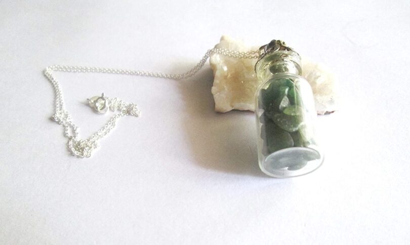 Green Avnturine Crystal Wish Bottle Pendant Necklace | Green Aventurine Chips in Glass Wish Bottle| 18"- Silver Plated Chain | Gifts for Her - Image 3