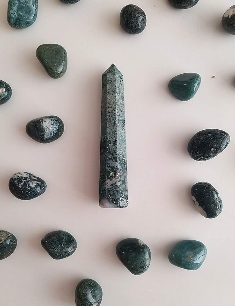 Moss Agate Crystal Point | 100mm Large Moss Agate Tower | Crystal Energy Point | Moss Agate Wand | Meditation |Gift Moss Agate Energy Point