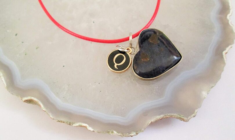 Personalised Letter - Q - with Black Onyx Pendant | Stunning Natural Stone Necklace | Crystal Pendant with Inital -18"- Waxed Cord Necklace | Gift for Her