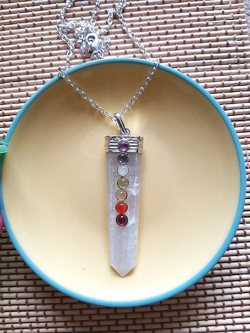 Selenite & Chakra Necklace | Natural 7 Chakra Crystal Necklace | Selenite Crystal Energy Necklace | Healing Crystals | Meditation | Gift 7 Chakra Selenite Necklace - Image 2